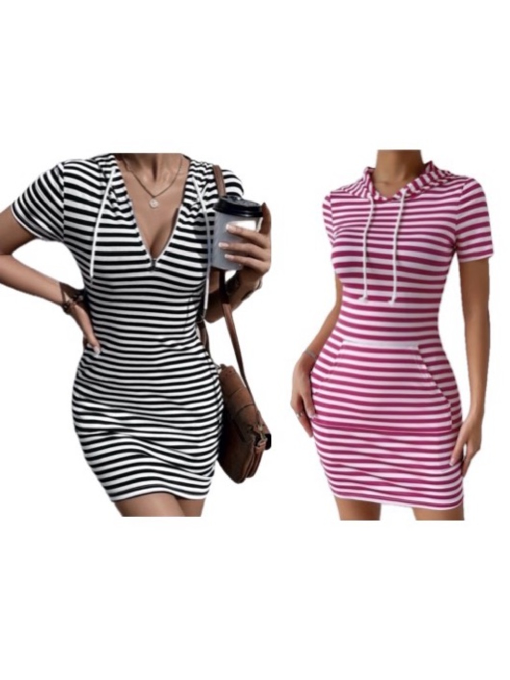 Bodycon striped T-shirt Dress with Hood and Pockets Bundle